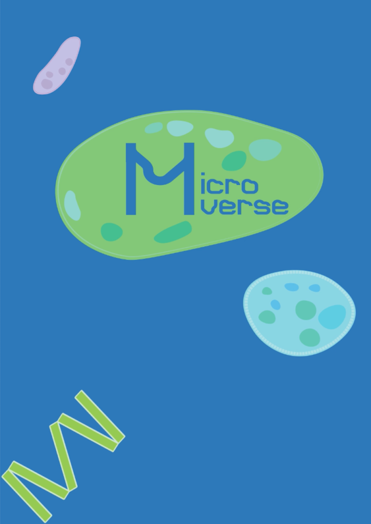 blue rectangle screen containing the word "micro verse" with 3 micro organisms around it, one light blue, one light purple, and one light green. They are various organic shapes. 