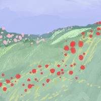 digital drawing of a field of flowers and hills, with red and pink blossoms